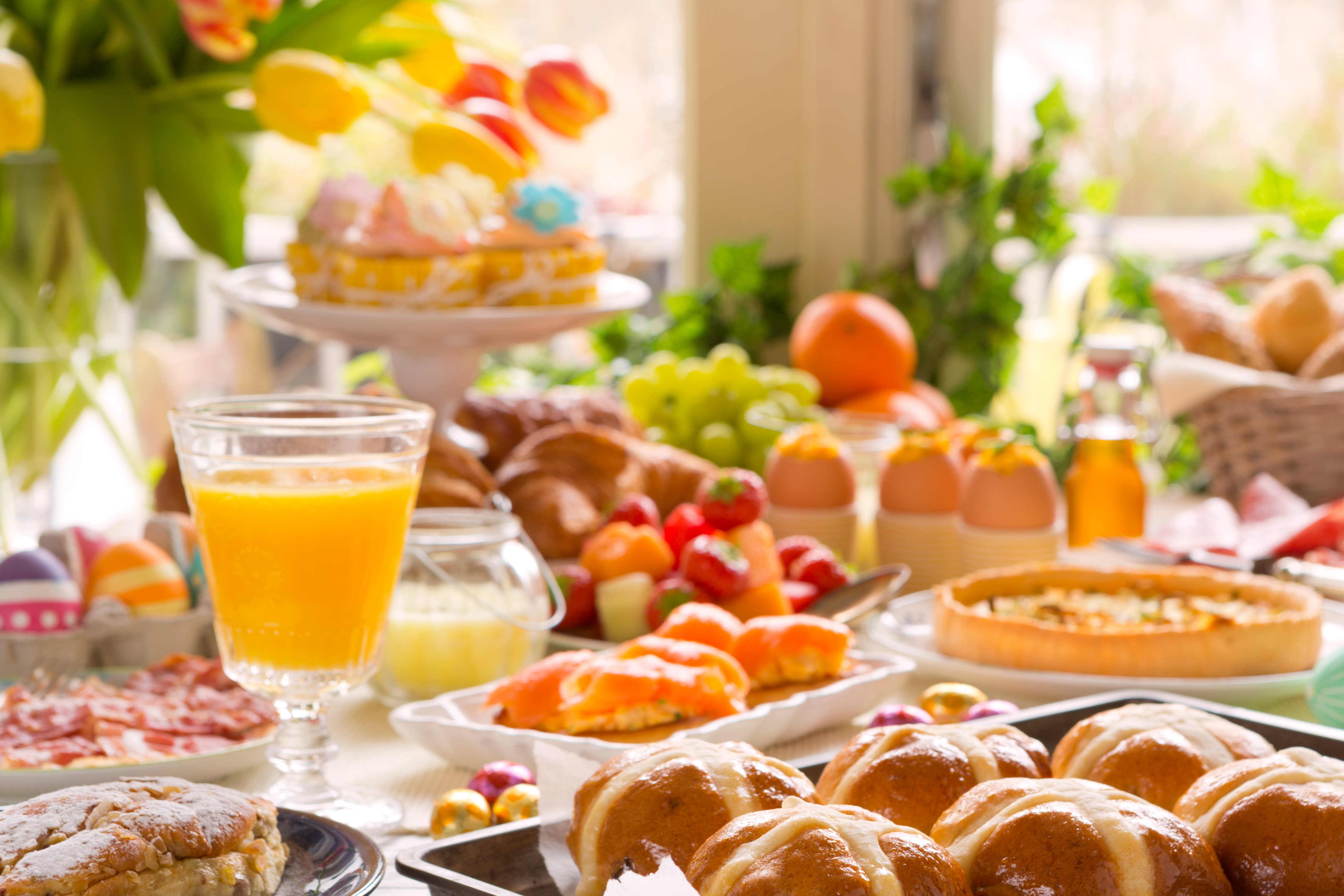 Table full of affordable brunch foods